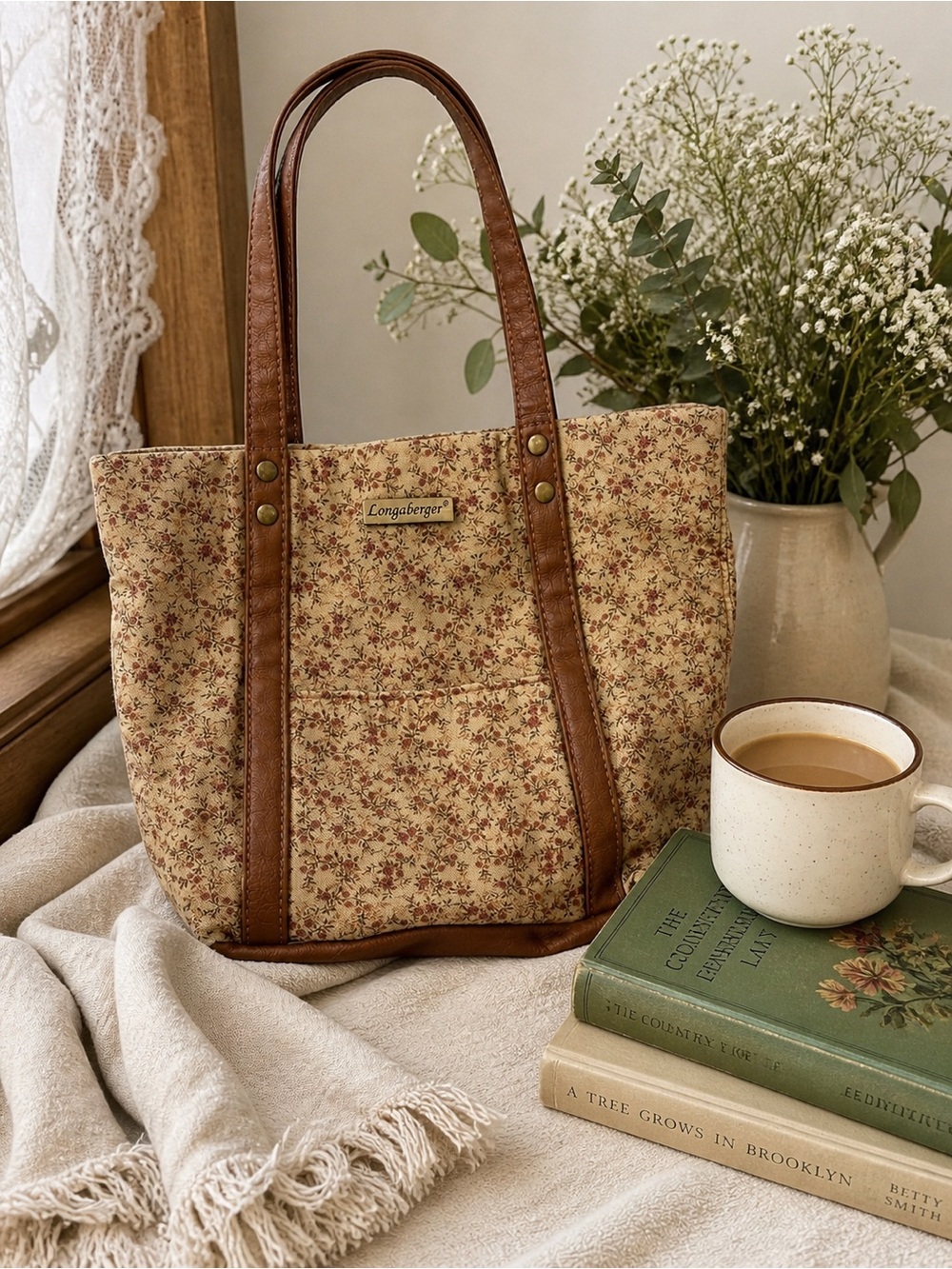 Longaberger Homestead Floral Tapestry Tote Bag Cottagecore Leather Trim ViTG